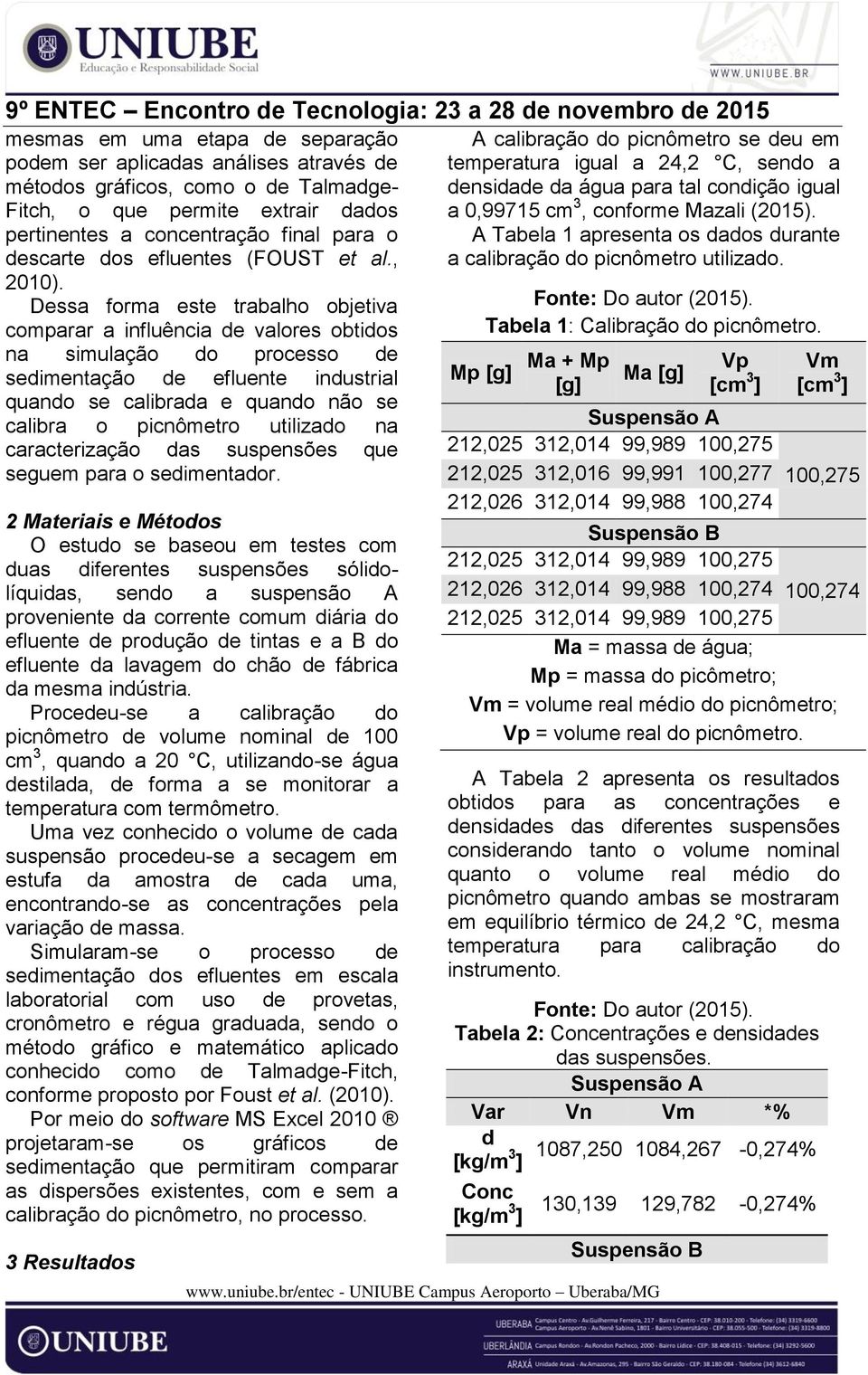 Dessa forma este trabalho objetiva comparar a influência de valores obtidos na simulação do processo de sedimentação de efluente industrial quando se calibrada e quando não se calibra o picnômetro