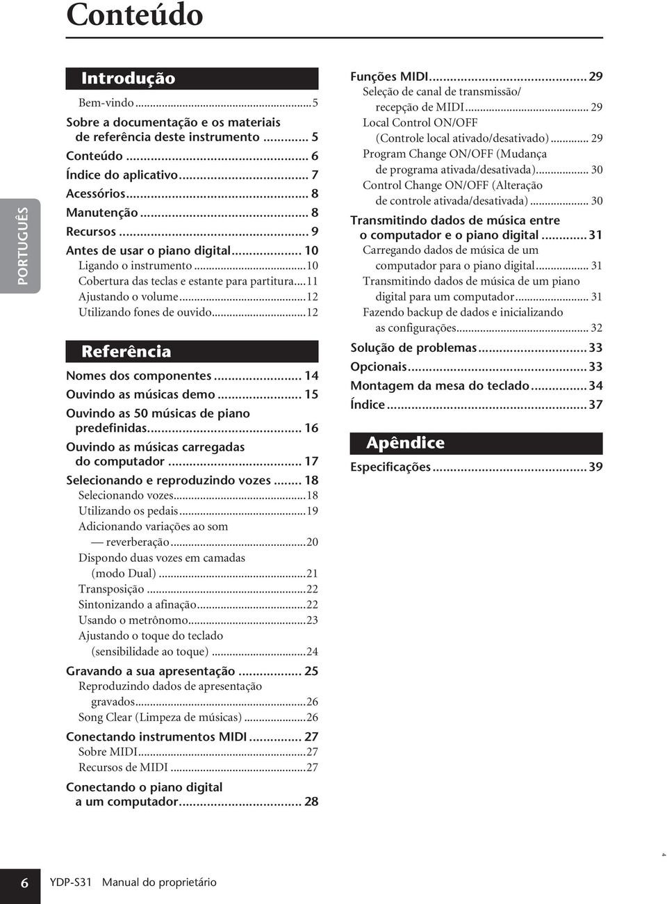 ..12 Referência Nomes dos componentes... 14 Ouvindo as músicas demo... 15 Ouvindo as 50 músicas de piano predefinidas... 16 Ouvindo as músicas carregadas do computador.