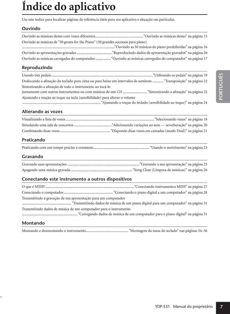 .."ouvindo as 50 músicas de piano predefinidas" na página 16 Ouvindo as apresentações gravadas... "Reproduzindo dados de apresentação gravados" na página 26 Ouvindo as músicas carregadas do computador.