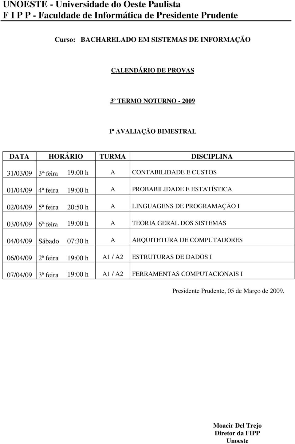 5ª feira 20:50 h A LINGUAGENS DE PROGRAMAÇÃO I 03/04/09 6 a.