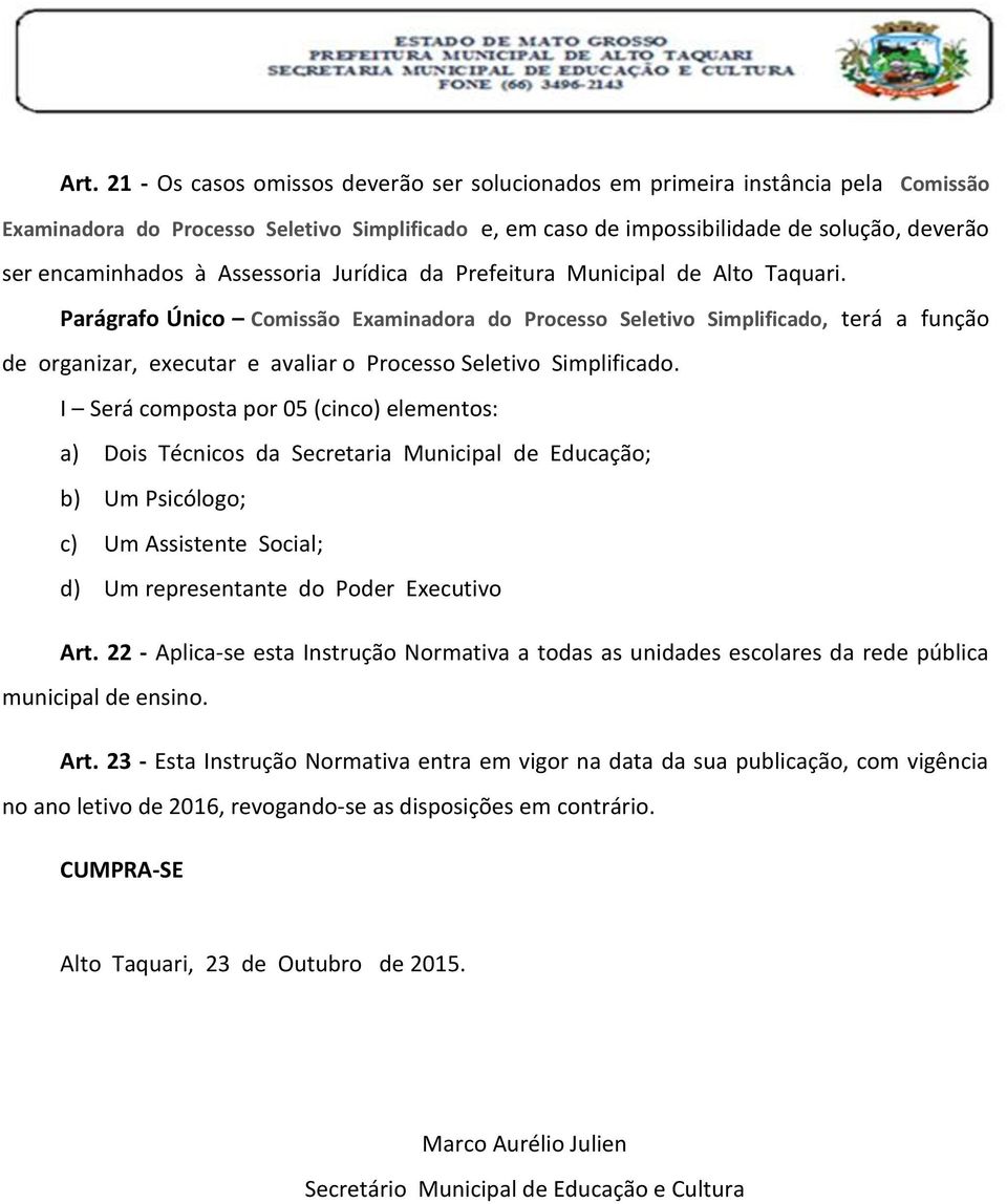 Parágrafo Único Comissão Examinadora do Processo Seletivo Simplificado, terá a função de organizar, executar e avaliar o Processo Seletivo Simplificado.