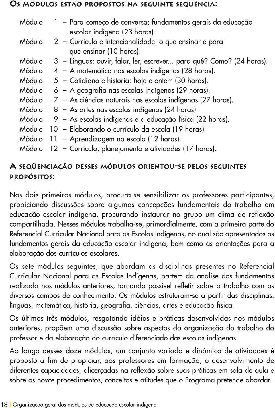 Módulo 4 A matemática nas escolas indígenas (28 horas). Módulo 5 Cotidiano e história: hoje e ontem (30 horas). Módulo 6 A geografia nas escolas indígenas (29 horas).