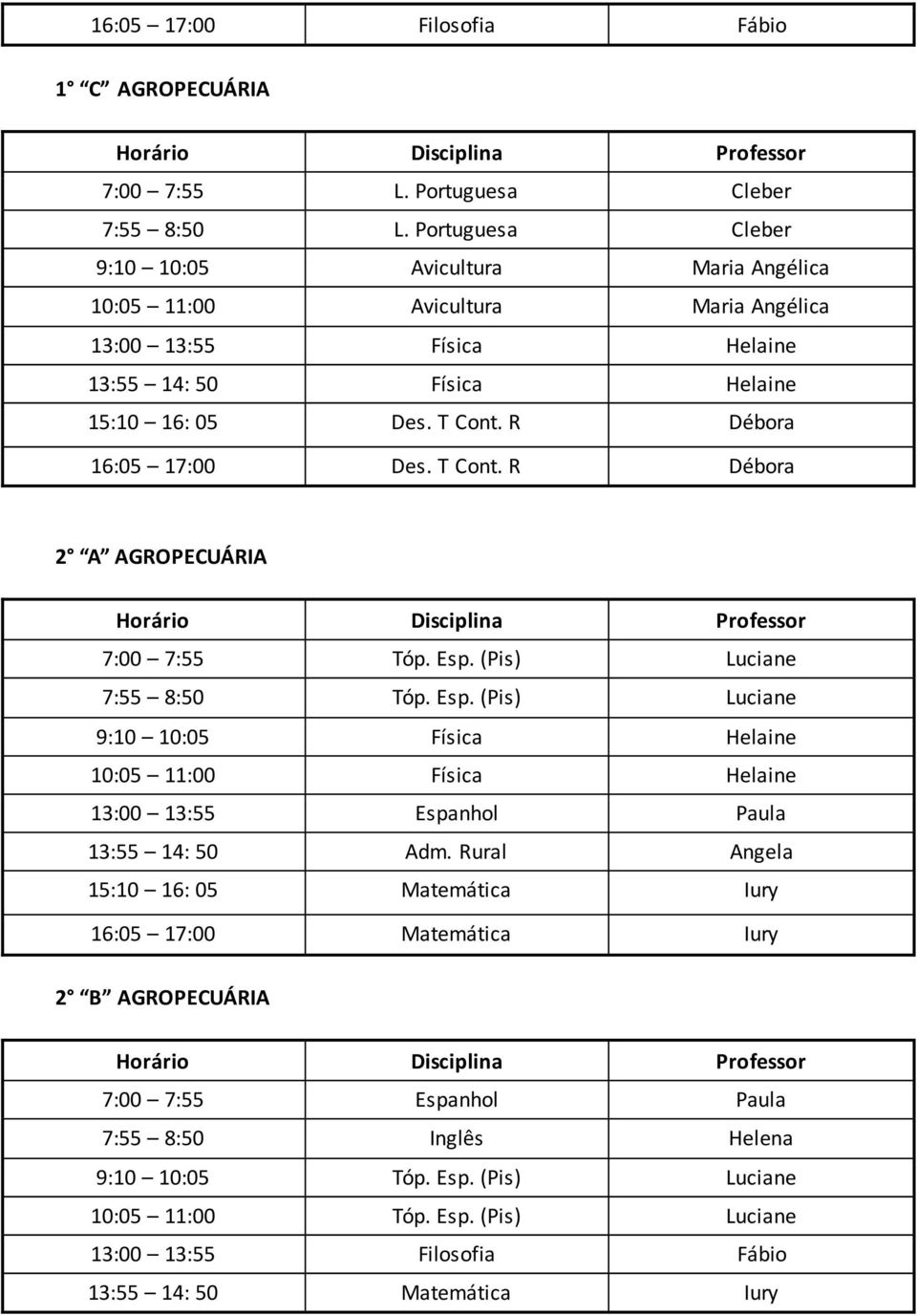 R Débora 16:05 17:00 Des. T Cont. R Débora 2 A AGROPECUÁRIA 7:00 7:55 Tóp. Esp.