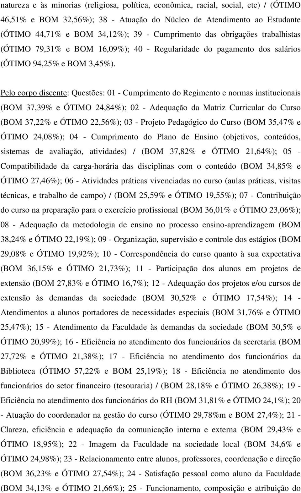 Pelo corpo discente: Questões: 01 - Cumprimento do Regimento e normas institucionais (BOM 37,39% e ÓTIMO 24,84%); 02 - Adequação da Matriz Curricular do Curso (BOM 37,22% e ÓTIMO 22,56%); 03 -