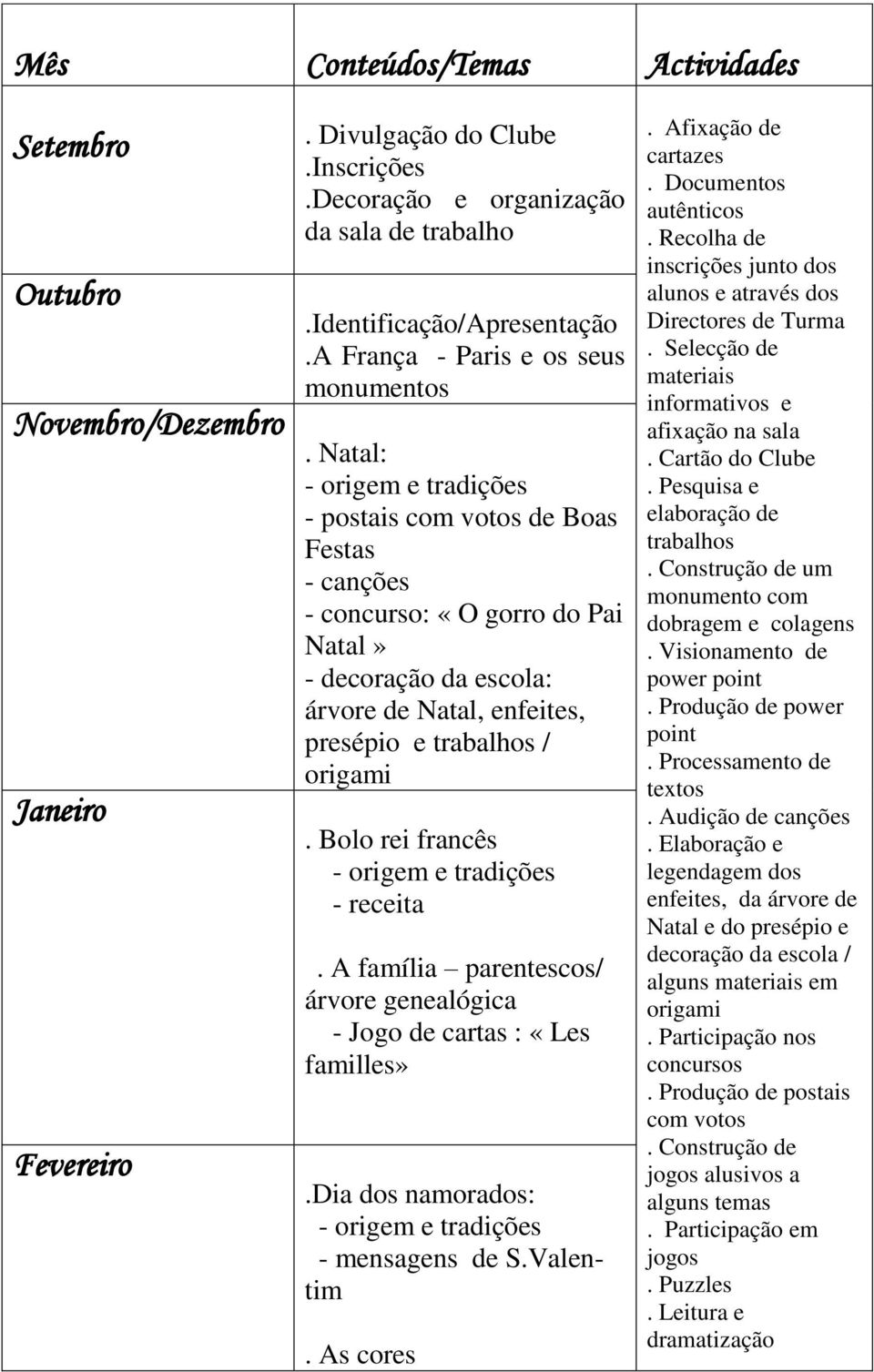 Natal: - postais com votos de Boas Festas - canções - concurso: «O gorro do Pai Natal» - decoração da escola: árvore de Natal, enfeites, presépio e trabalhos / origami Janeiro.