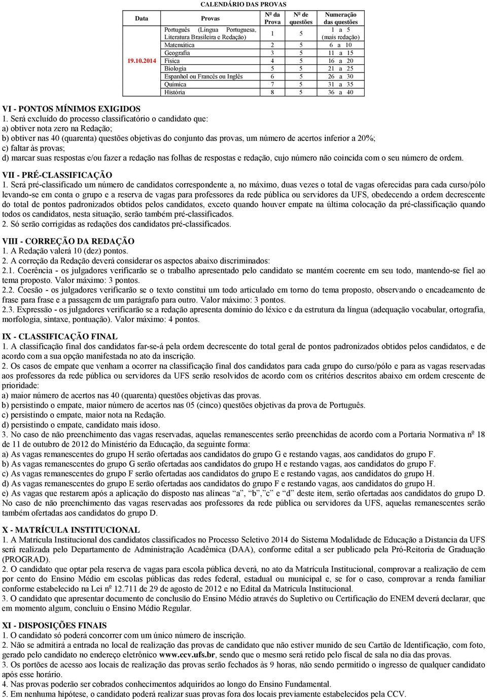 Geografia 3 5 11 a 15 Física 4 5 16 a 20 Biologia 5 5 21 a 25 Espanhol ou Francês ou Inglês 6 5 26 a 30 Química 7 5 31 a 35 História 8 5 36 a 40 VI - PONTOS MÍNIMOS EXIGIDOS 1.