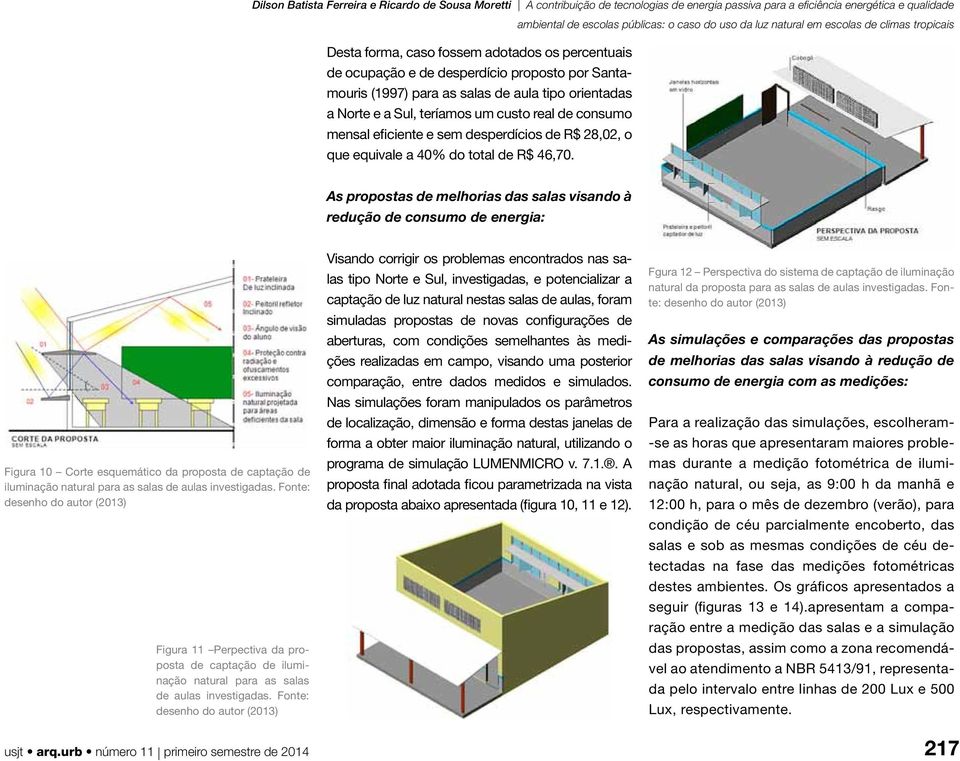 As propostas de melhorias das salas visando à redução de consumo de energia: Figura 10 Corte esquemático da proposta de captação de iluminação natural para as salas de aulas investigadas.