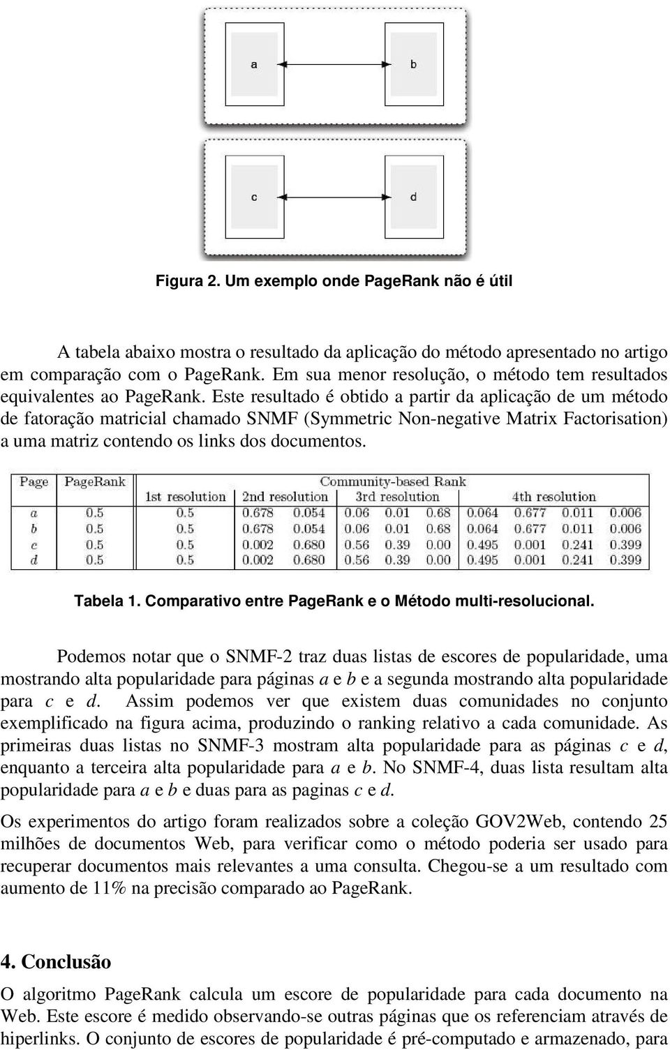 Este resultado é obtido a partir da aplicação de um método de fatoração matricial chamado SNMF (Symmetric Non-negative Matrix Factorisation) a uma matriz contendo os links dos documentos. Tabela 1.