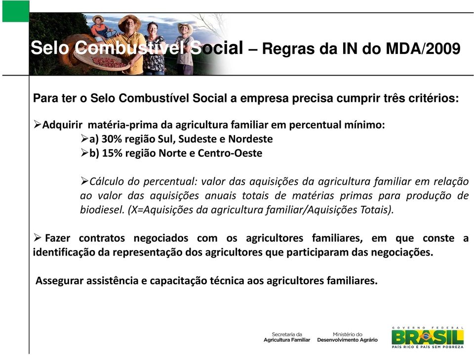 valor das aquisições anuais totais de matérias primas para produção de biodiesel. (X=Aquisições da agricultura familiar/aquisições Totais).