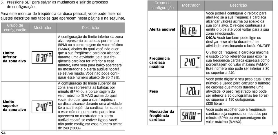 Grupo de configuração Limite inferior da zona alvo Limite superior da zona alvo 94 Mostrador Descrição A configuração do limite inferior da zona alvo representa as batidas por minuto (BPM) ou a