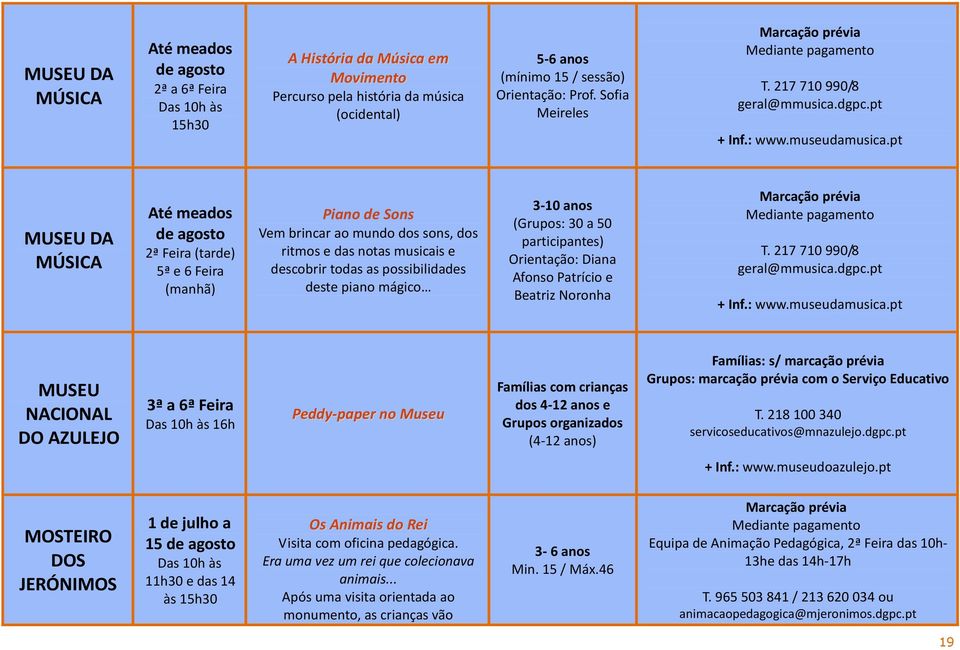 pt DA MÚSICA Até meados de agosto 2ª Feira (tarde) 5ª e 6 Feira (manhã) Piano de Sons Vem brincar ao mundo dos sons, dos ritmos e das notas musicais e descobrir todas as possibilidades deste piano