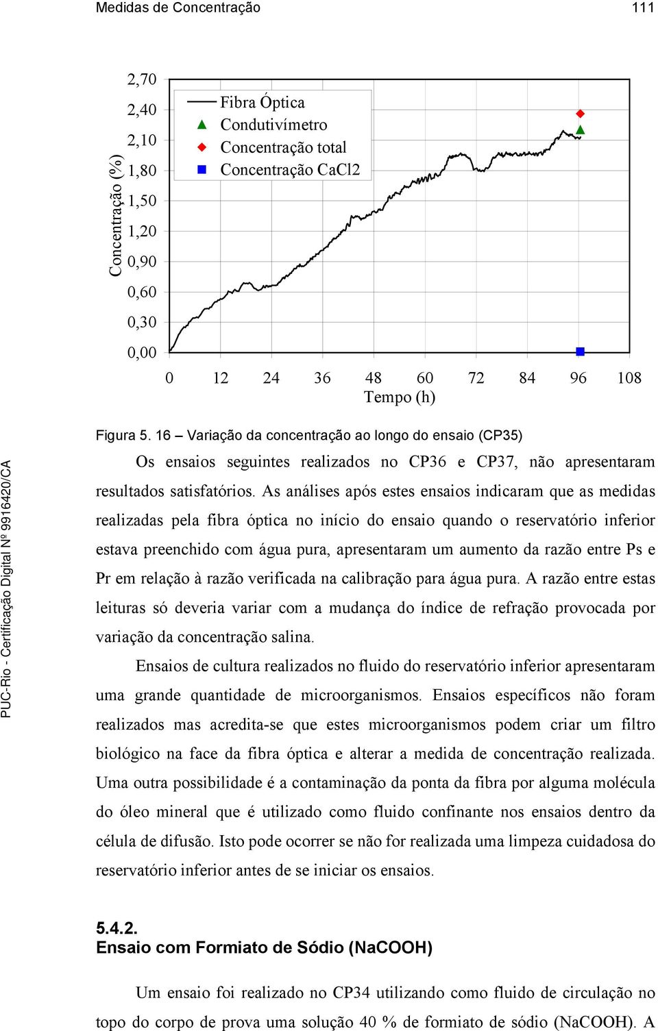 As análises após estes ensaios indicaram que as medidas realizadas pela fibra óptica no início do ensaio quando o reservatório inferior estava preenchido com água pura, apresentaram um aumento da