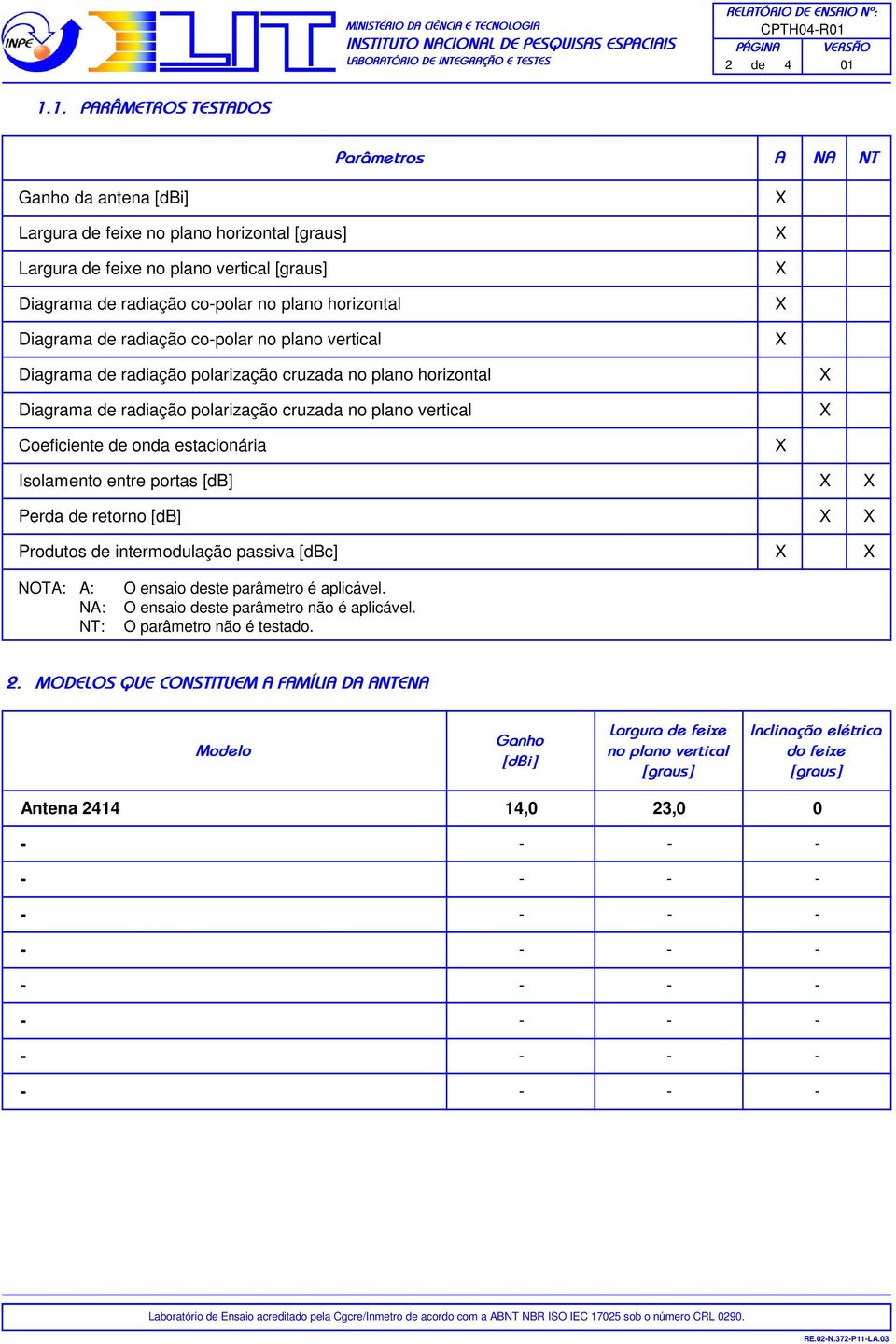 horizontal Diagrama de radiação co-polar no plano vertical Diagrama de radiação polarização cruzada no plano horizontal Diagrama de radiação polarização cruzada no plano vertical Coeficiente de onda