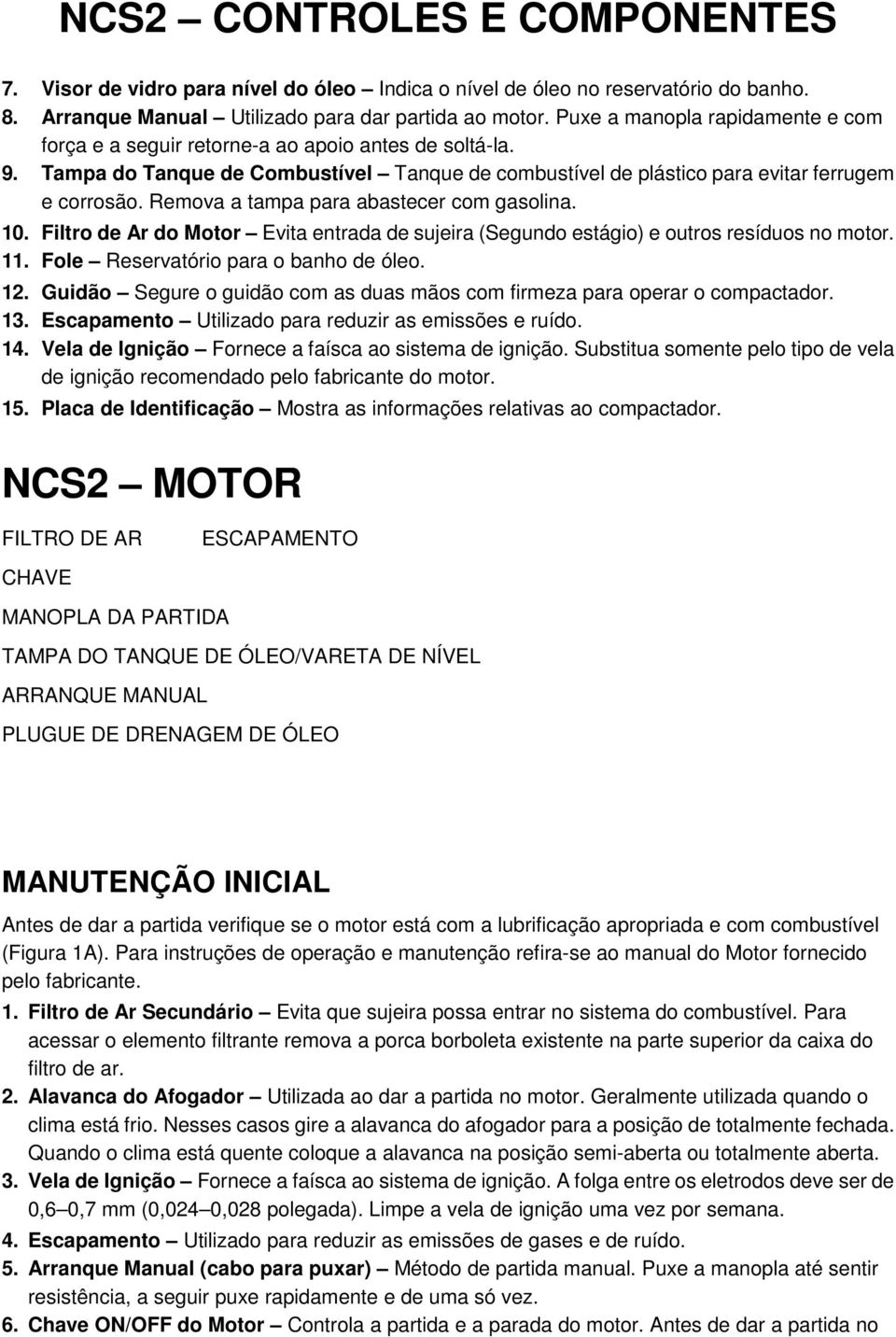 Remova a tampa para abastecer com gasolina. 10. Filtro de Ar do Motor Evita entrada de sujeira (Segundo estágio) e outros resíduos no motor. 11. Fole Reservatório para o banho de óleo. 12.