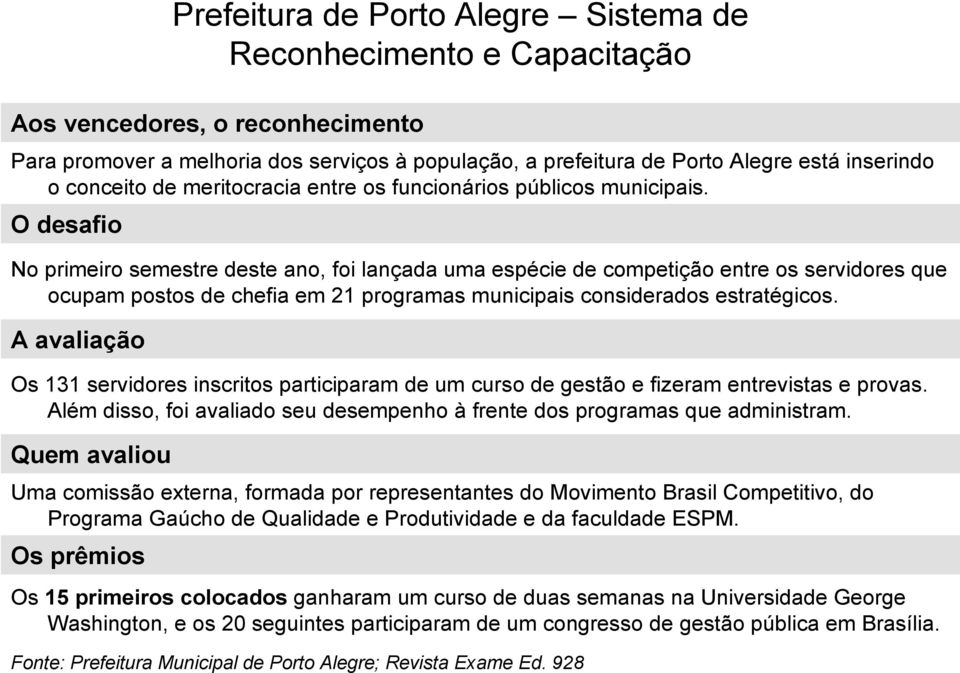 A avaliação Os 131 servidores inscritos participaram de um curso de gestão e fizeram entrevistas e provas. Além disso, foi avaliado seu desempenho à frente dos programas que administram.