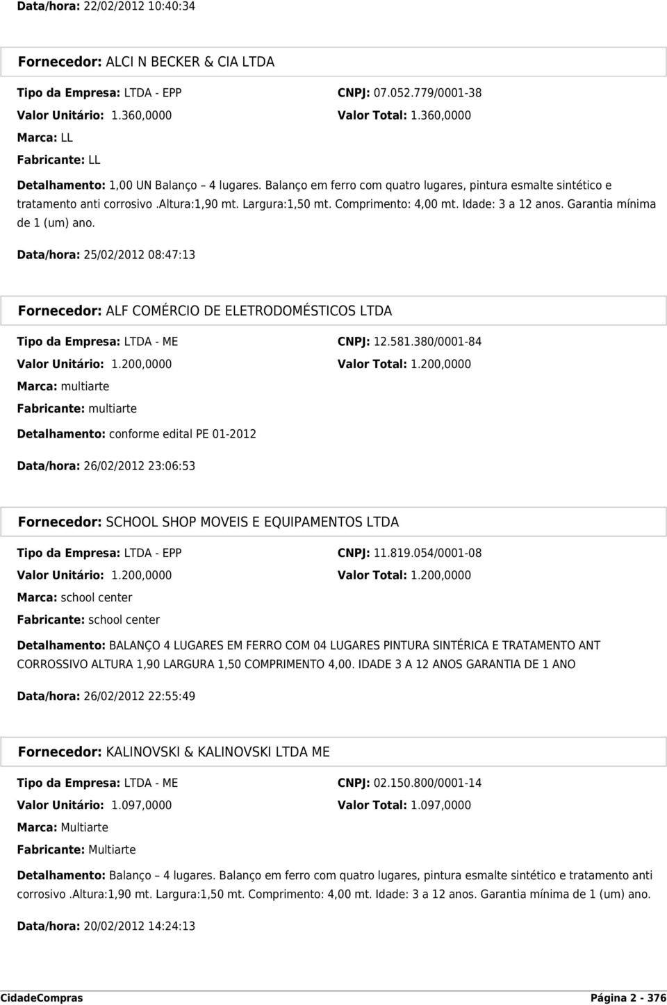 Data/hora: 25/02/2012 08:47:13 Fornecedor: ALF COMÉRCIO DE ELETRODOMÉSTICOS LTDA Tipo da Empresa: LTDA - ME CNPJ: 12.581.380/0001-84 Valor Unitário: 1.200,0000 Valor Total: 1.