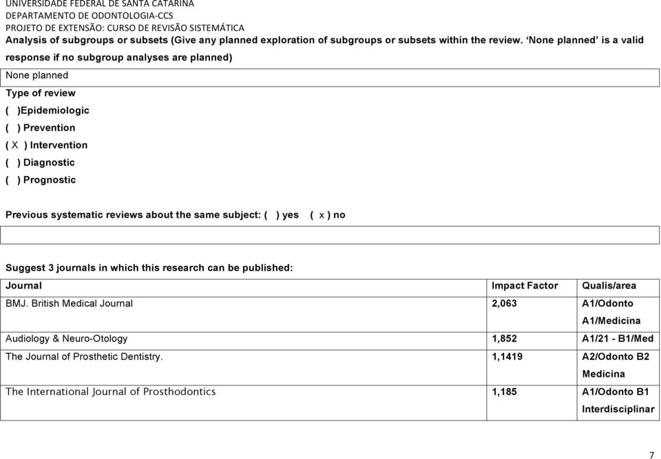 Prognostic Previous systematic reviews about the same subject: ( ) yes ( x ) no Suggest 3 journals in which this research can be published: Journal Impact Factor Qualis/area