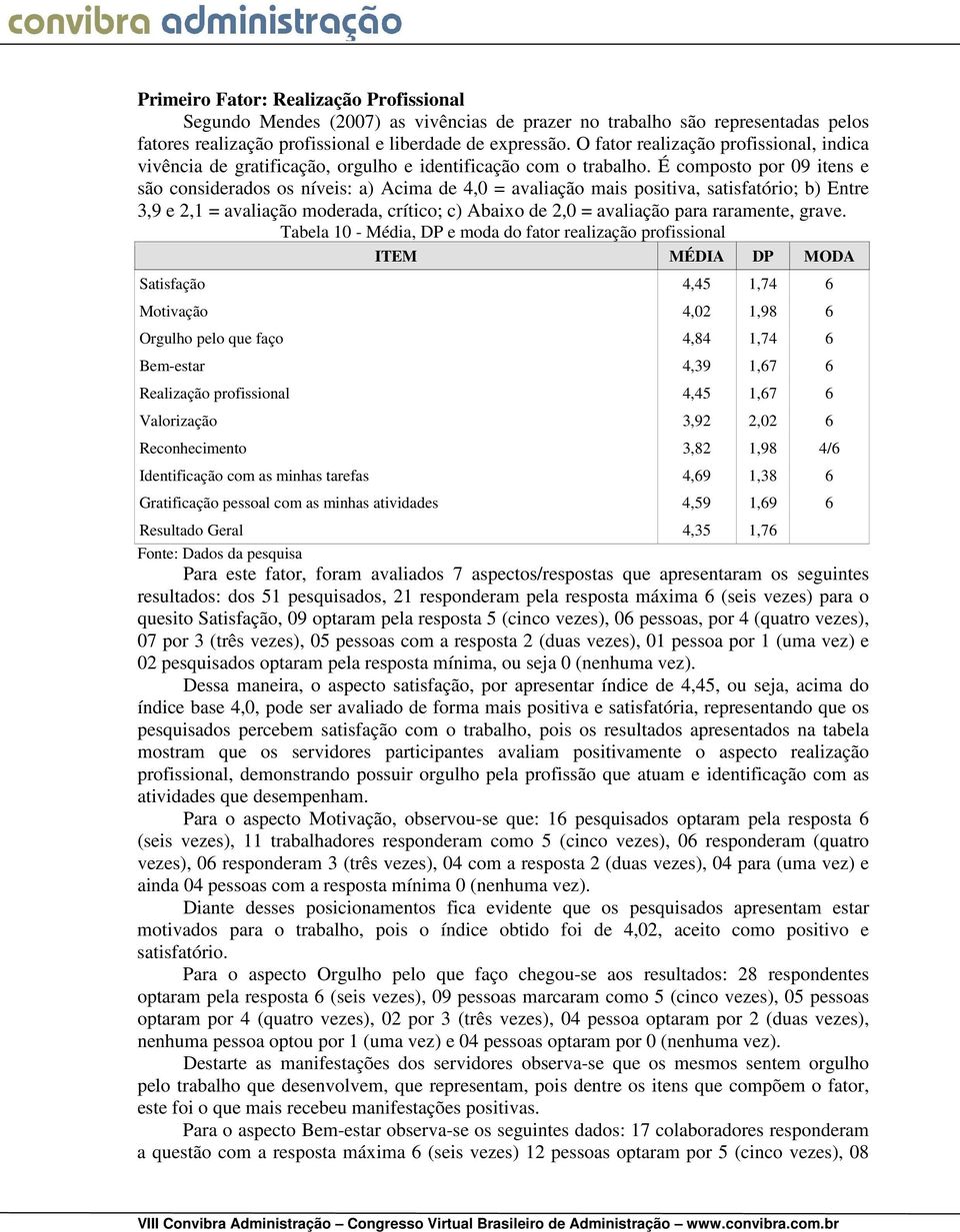 É composto por 09 itens e são considerados os níveis: a) Acima de 4,0 = avaliação mais positiva, satisfatório; b) Entre 3,9 e 2,1 = avaliação moderada, crítico; c) Abaixo de 2,0 = avaliação para