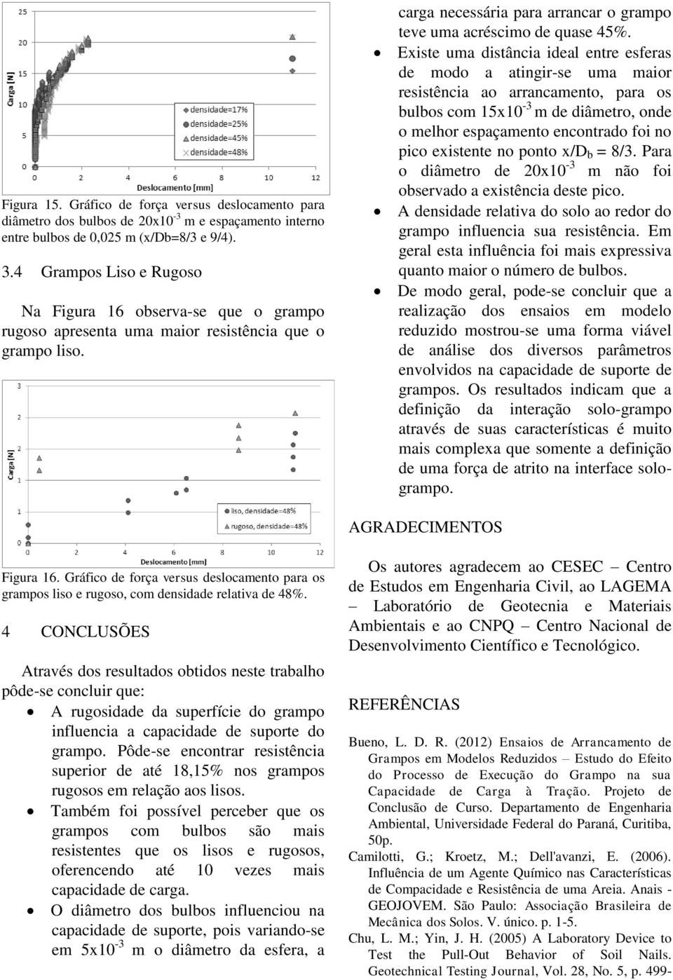 Existe uma distância ideal entre esferas de modo a atingir-se uma maior resistência ao arrancamento, para os bulbos com 15x10-3 m de diâmetro, onde o melhor espaçamento encontrado foi no pico