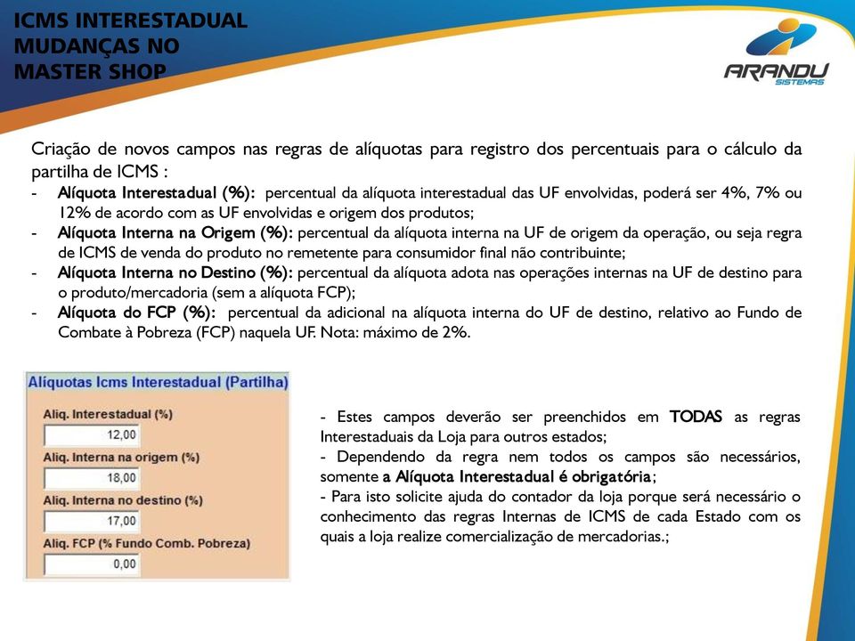 regra de ICMS de venda do produto no remetente para consumidor final não contribuinte; - Alíquota Interna no Destino (%): percentual da alíquota adota nas operações internas na UF de destino para o