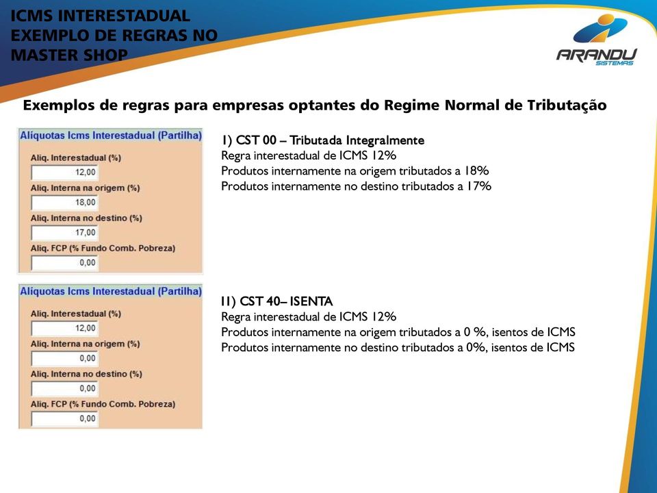 Produtos internamente no destino tributados a 17% I1) CST 40 ISENTA Regra interestadual de ICMS 12% Produtos