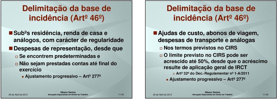 incidência (Artº 46º) Ajudas de custo, abonos de viagem, despesas de transporte e análogas Nos termos previstos no CIRS O limite previsto no CIRS pode