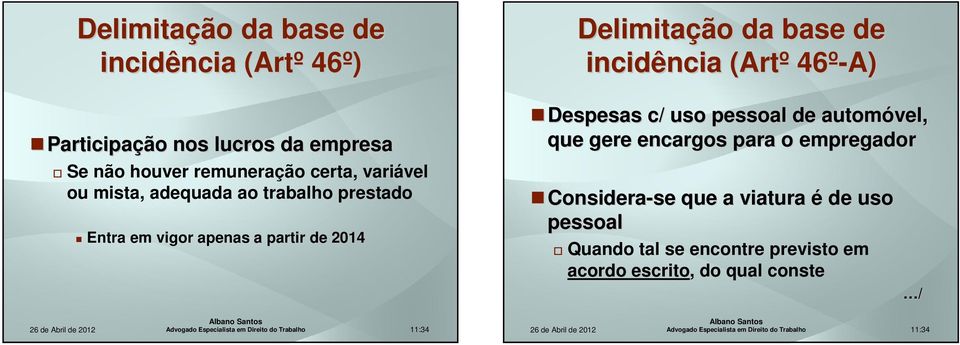 da base de incidência (Artº 46º-A) Despesas c/ uso pessoal de automóvel, que gere encargos para o empregador