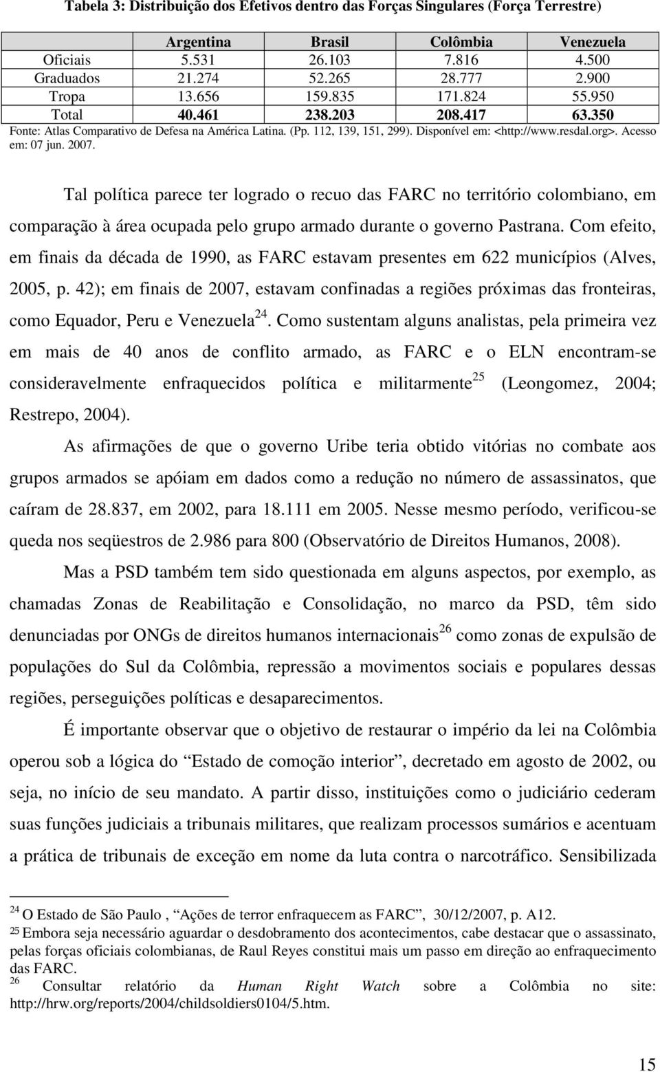 Acesso em: 07 jun. 2007. Tal política parece ter logrado o recuo das FARC no território colombiano, em comparação à área ocupada pelo grupo armado durante o governo Pastrana.