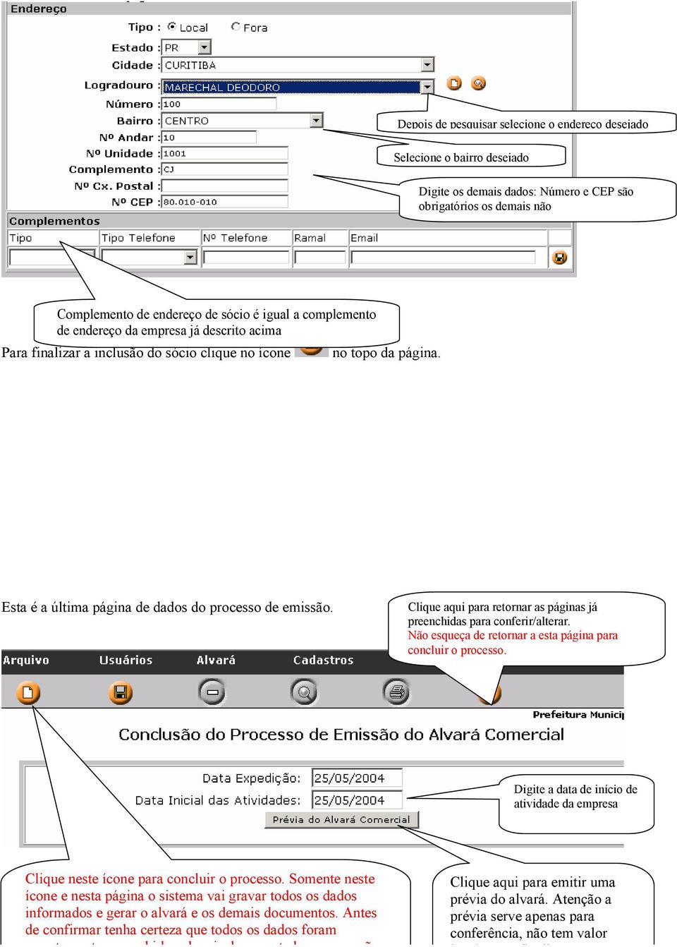 Esta é a última página de dados do processo de emissão. C l i q u e a q u i p a r a r e t o r n a r a s p á g i n a s j á preenchidas para conferir/alterar.