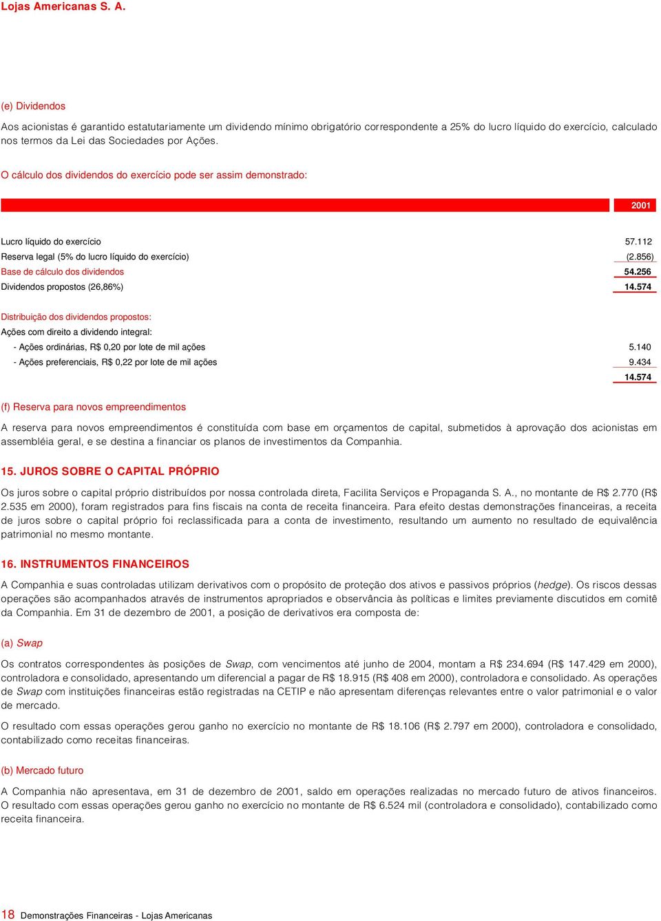 256 Dividendos propostos (26,86%) 14.574 Distribuição dos dividendos propostos: Ações com direito a dividendo integral: - Ações ordinárias, R$ 0,20 por lote de mil ações 5.