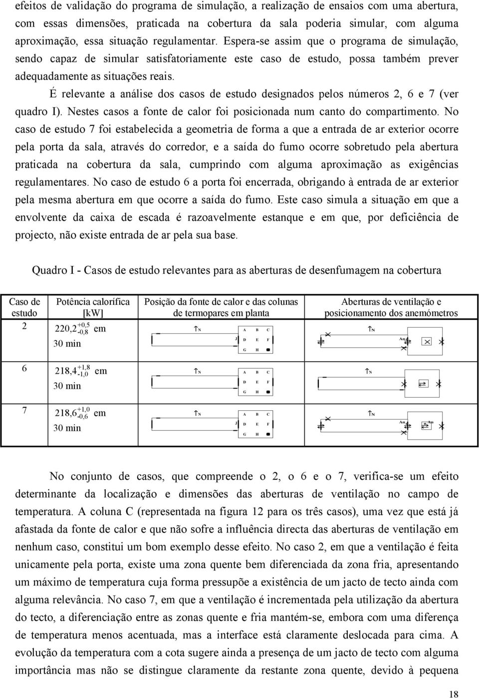 É relevante a análise dos casos de estudo designados pelos números 2, 6 e 7 (ver quadro I). Nestes casos a fonte de calor foi posicionada num canto do compartimento.