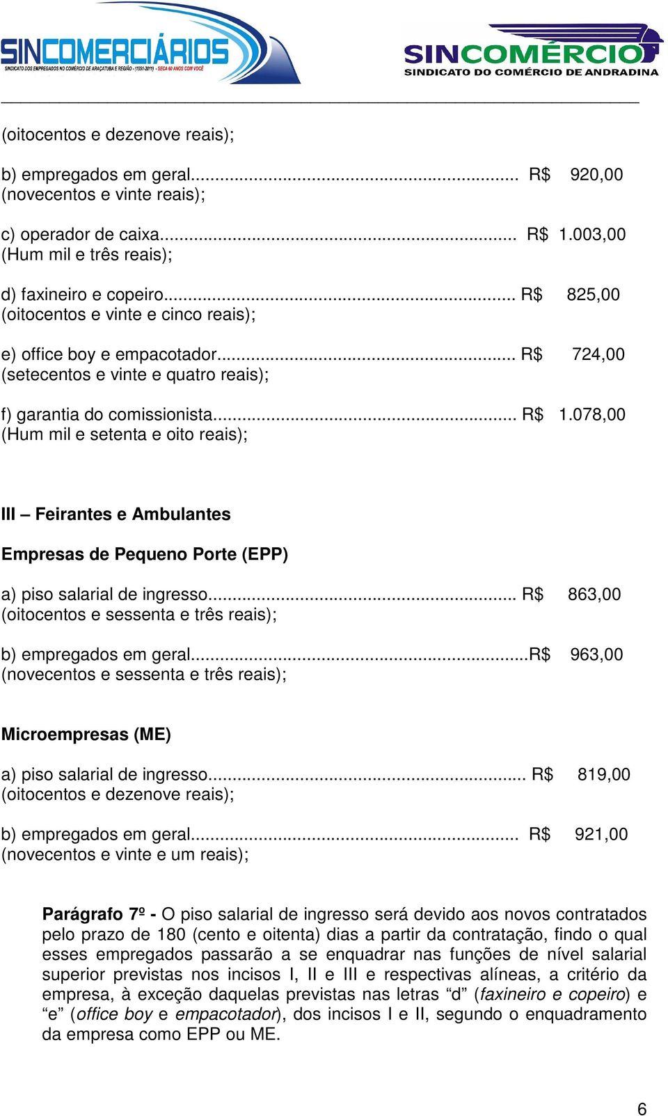 078,00 (Hum mil e setenta e oito reais); III Feirantes e Ambulantes Empresas de Pequeno Porte (EPP) a) piso salarial de ingresso.