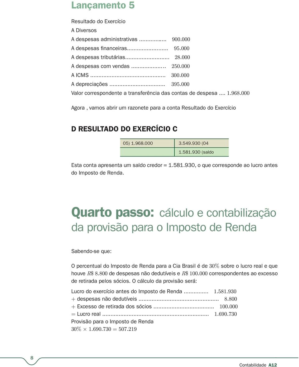 000 Agora, vamos abrir um razonete para a conta Resultado do Exercício D RESULTADO DO EXERCÍCIO C 05) 1.968.000 3.549.930 (04 1.581.930 (saldo Esta conta apresenta um saldo credor = 1.581.930, o que corresponde ao lucro antes do Imposto de Renda.