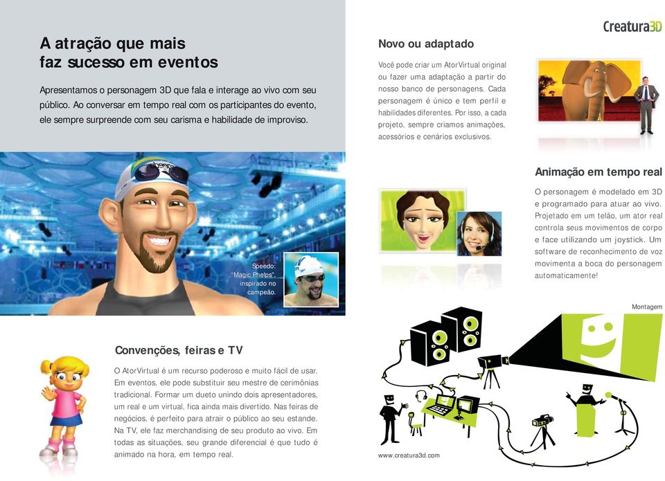 Novo ou adaptado Você pode criar um AtorVirtual original ou fazer uma adaptação a partir do nosso banco de personagens. Cada personagem é único e tem perfil e habilidades diferentes.