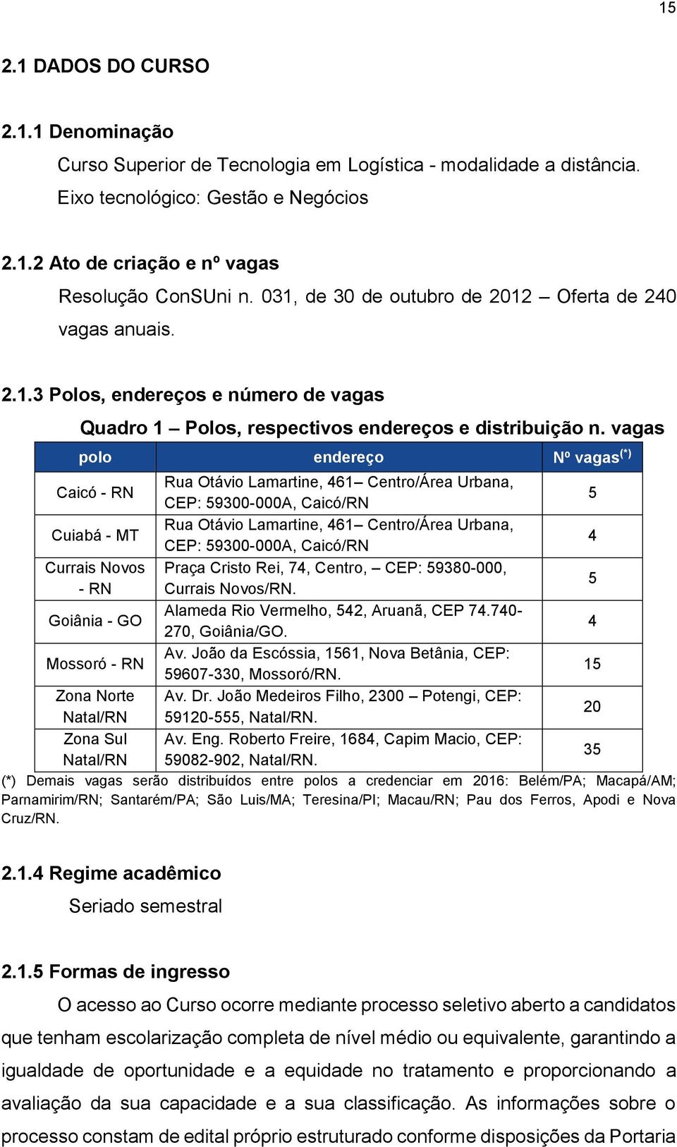 vagas polo endereço Nº vagas (*) Caicó - RN Cuiabá - MT Currais Novos - RN Goiânia - GO Mossoró - RN Zona Norte Natal/RN Zona Sul Natal/RN Rua Otávio Lamartine, 461 Centro/Área Urbana, CEP: