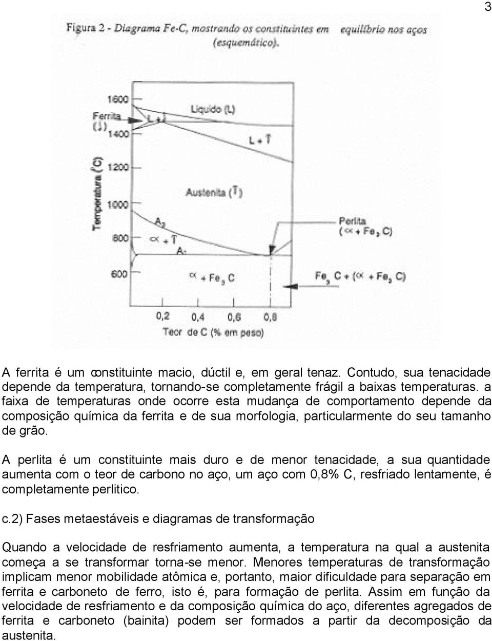 A perlita é um constituinte mais duro e de menor tenacidade, a sua quantidade aumenta com o teor de carbono no aço, um aço com 0,8% C, resfriado lentamente, é completamente perlitico. c.2) Fases metaestáveis e diagramas de transformação Quando a velocidade de resfriamento aumenta, a temperatura na qual a austenita começa a se transformar torna-se menor.