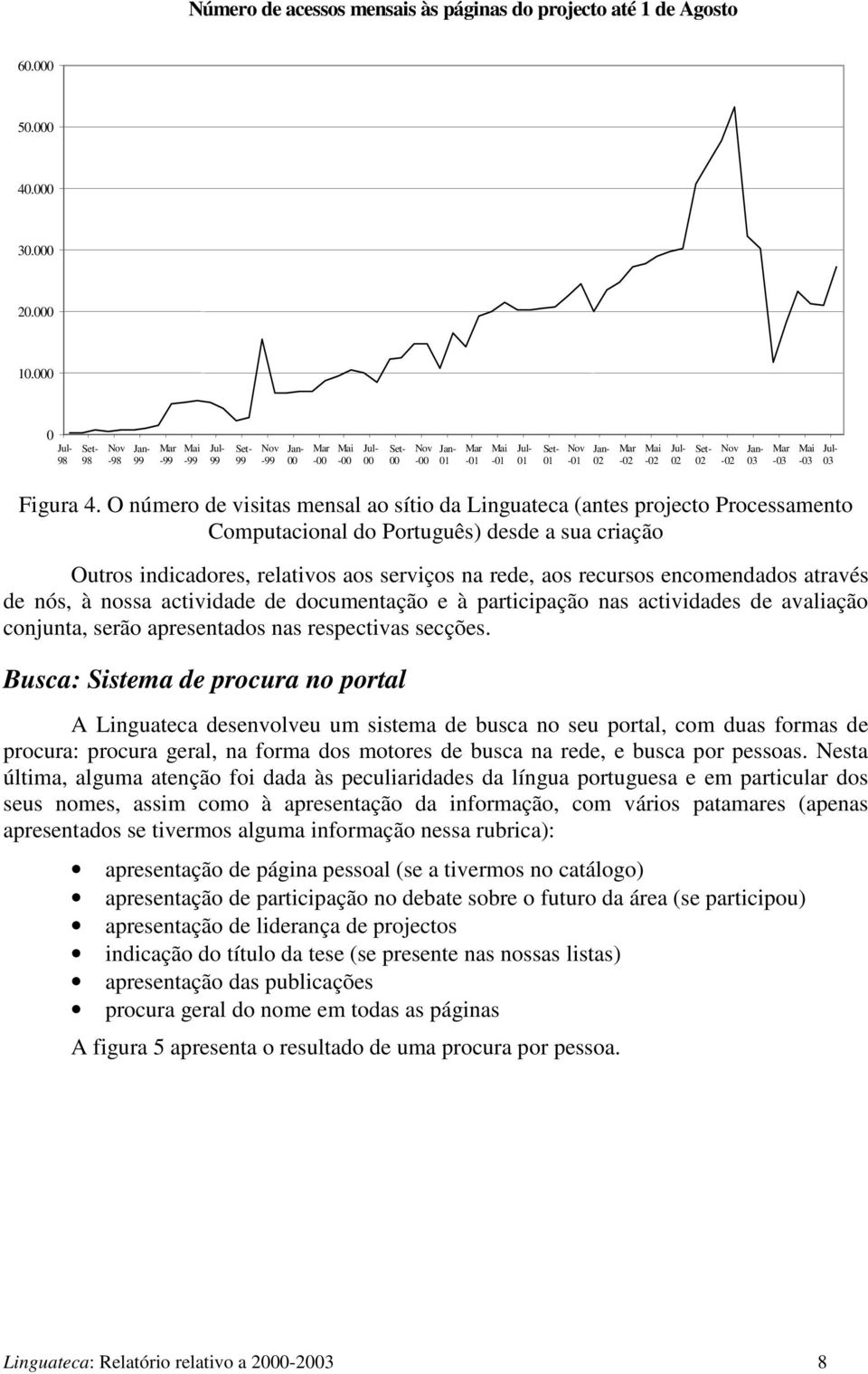 O número de visitas mensal ao sítio da Linguateca (antes projecto Processamento Computacional do Português) desde a sua criação Outros indicadores, relativos aos serviços na rede, aos recursos