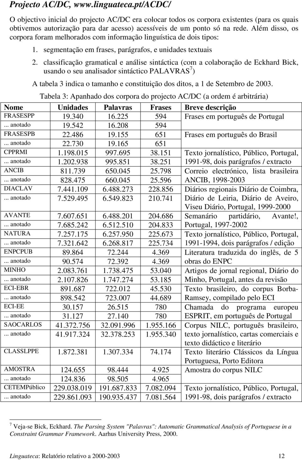 Além disso, os corpora foram melhorados com informação linguística de dois tipos: 1. segmentação em frases, parágrafos, e unidades textuais 2.