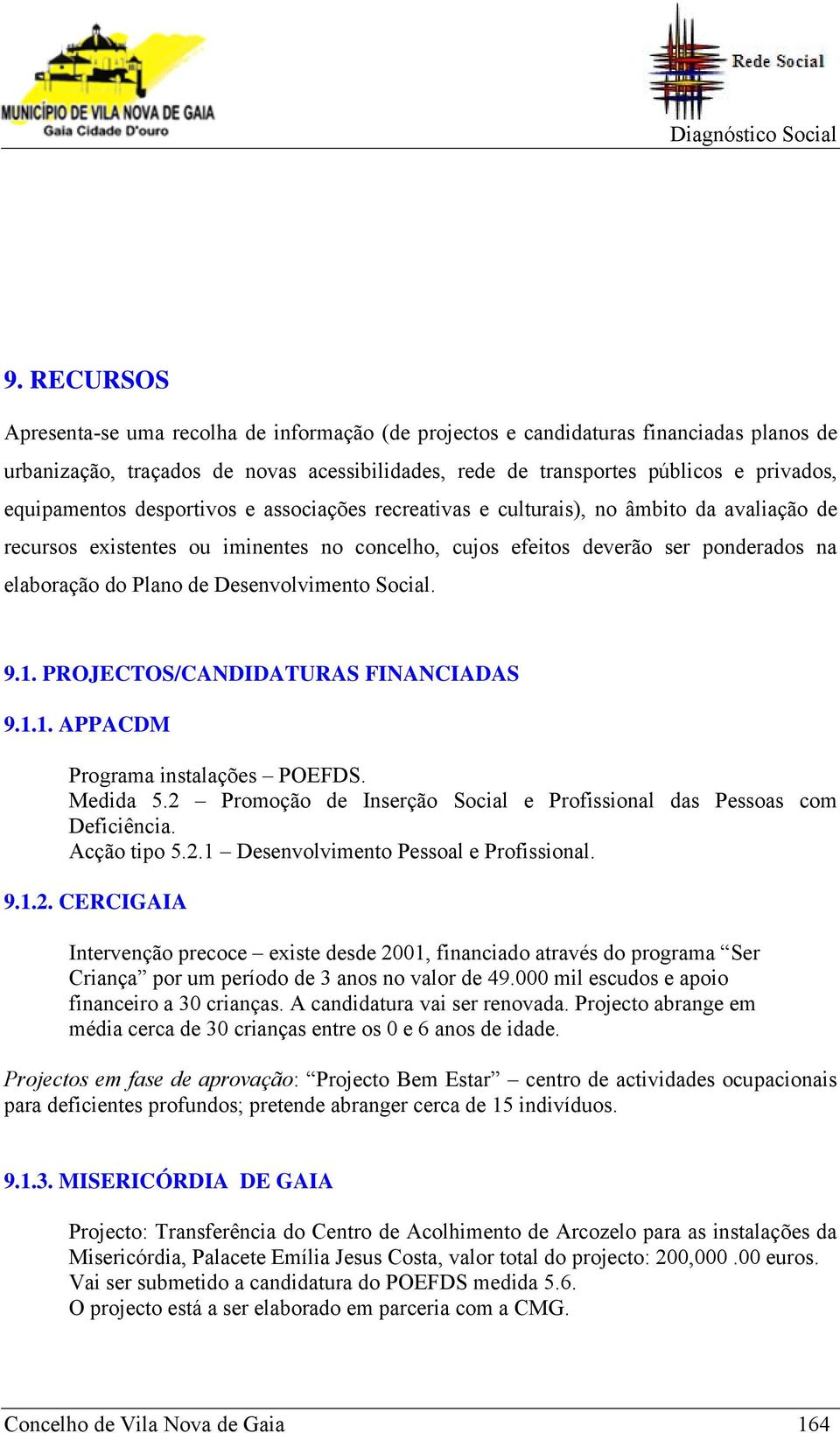 Desenvolvimento Social. 9.1. PROJECTOS/CANDIDATURAS FINANCIADAS 9.1.1. APPACDM Programa instalações POEFDS. Medida 5.2 Promoção de Inserção Social e Profissional das Pessoas com Deficiência.