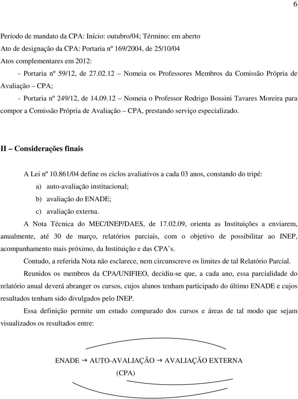 12 Nomeia o Professor Rodrigo Bossini Tavares Moreira para compor a Comissão Própria de Avaliação CPA, prestando serviço especializado. II Considerações finais A Lei nº 10.