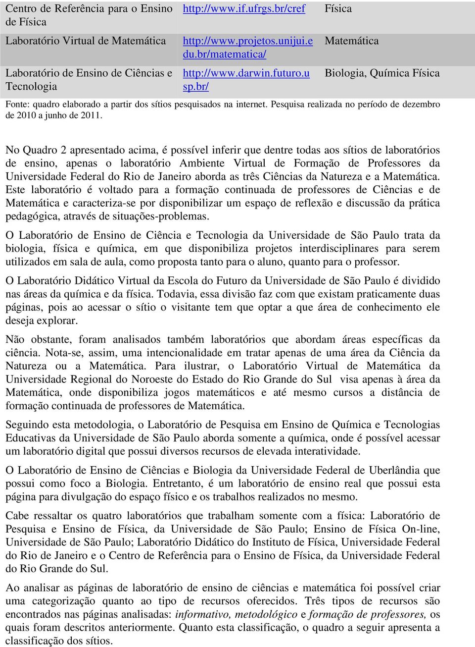 Pesquisa realizada no período de dezembro de 2010 a junho de 2011.