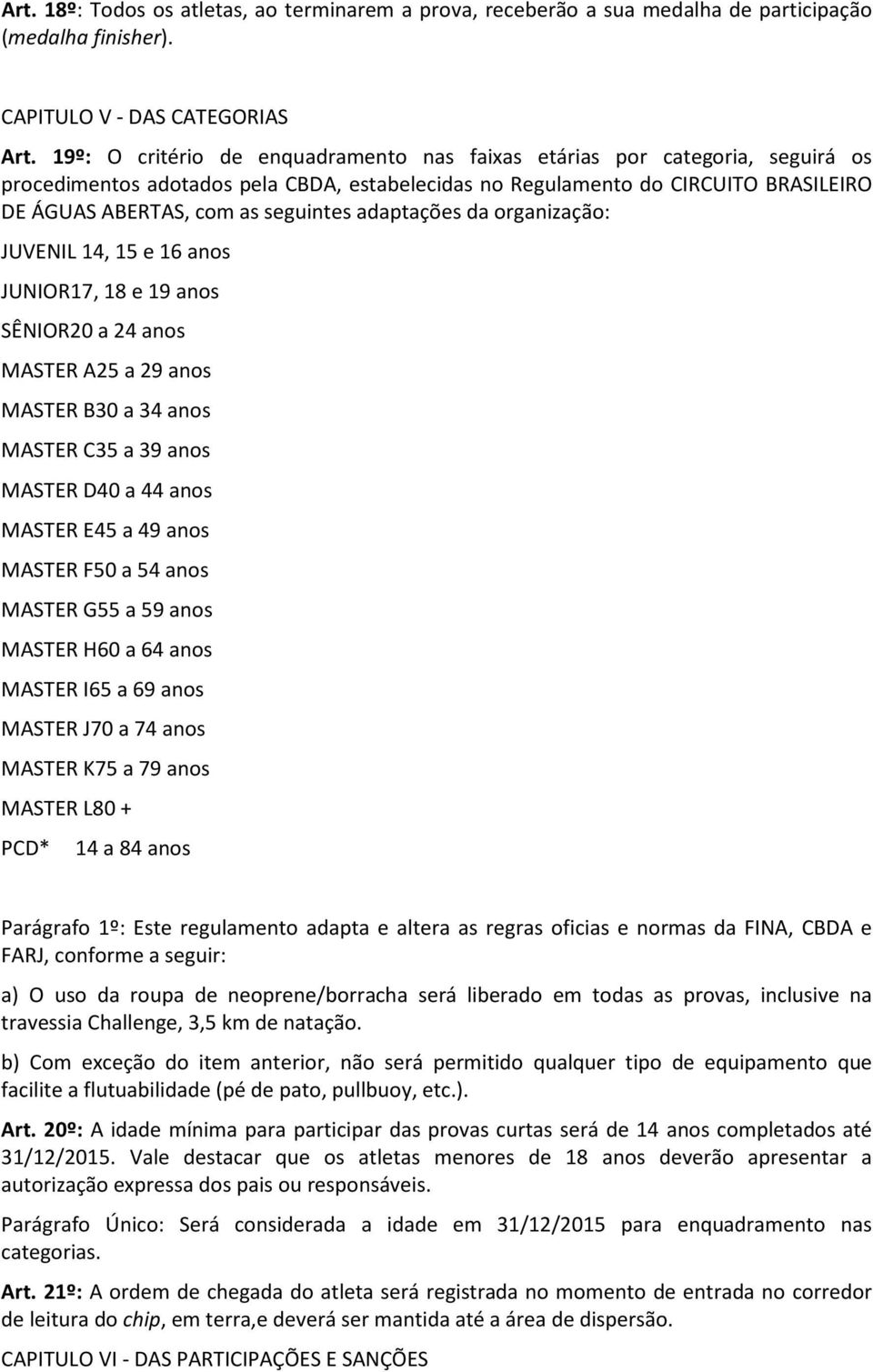 adaptações da organização: JUVENIL 14, 15 e 16 anos JUNIOR17, 18 e 19 anos SÊNIOR20 a 24 anos MASTER A25 a 29 anos MASTER B30 a 34 anos MASTER C35 a 39 anos MASTER D40 a 44 anos MASTER E45 a 49 anos