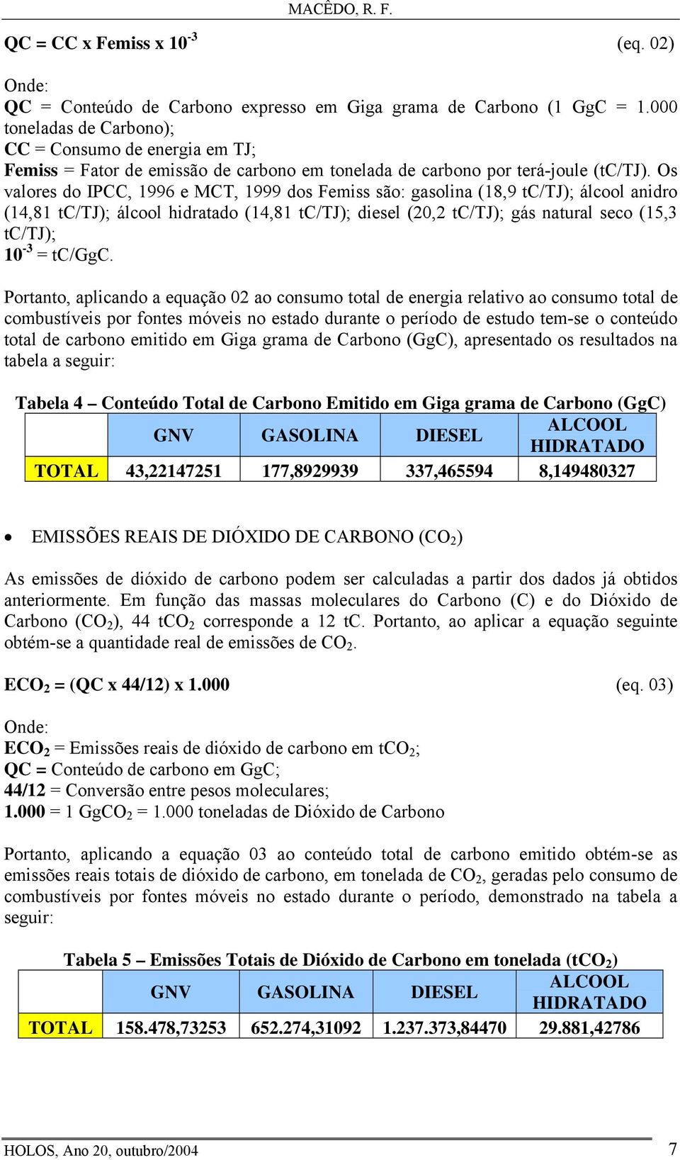 Os valores do IPCC, 1996 e MCT, 1999 dos Femiss são: gasolina (18,9 tc/tj); álcool anidro (14,81 tc/tj); álcool hidratado (14,81 tc/tj); diesel (20,2 tc/tj); gás natural seco (15,3 tc/tj); 10-3 =