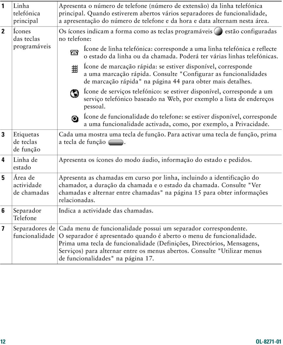 Quando estiverem abertos vários separadores de funcionalidade, a apresentação do número de telefone e da hora e data alternam nesta área.