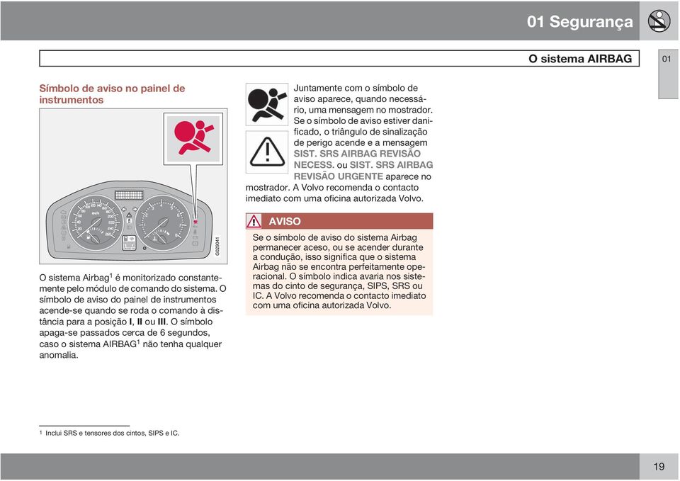 O símbolo apaga-se passados cerca de 6 segundos, caso o sistema AIRBAG 1 não tenha qualquer anomalia. Juntamente com o símbolo de aviso aparece, quando necessário, uma mensagem no mostrador.