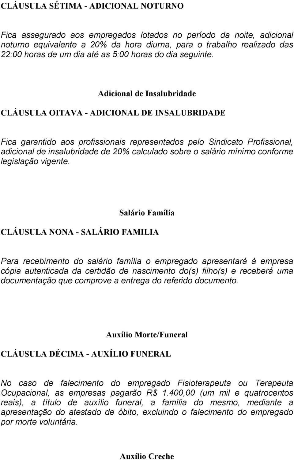 Adicional de Insalubridade CLÁUSULA OITAVA - ADICIONAL DE INSALUBRIDADE Fica garantido aos profissionais representados pelo Sindicato Profissional, adicional de insalubridade de 20% calculado sobre o