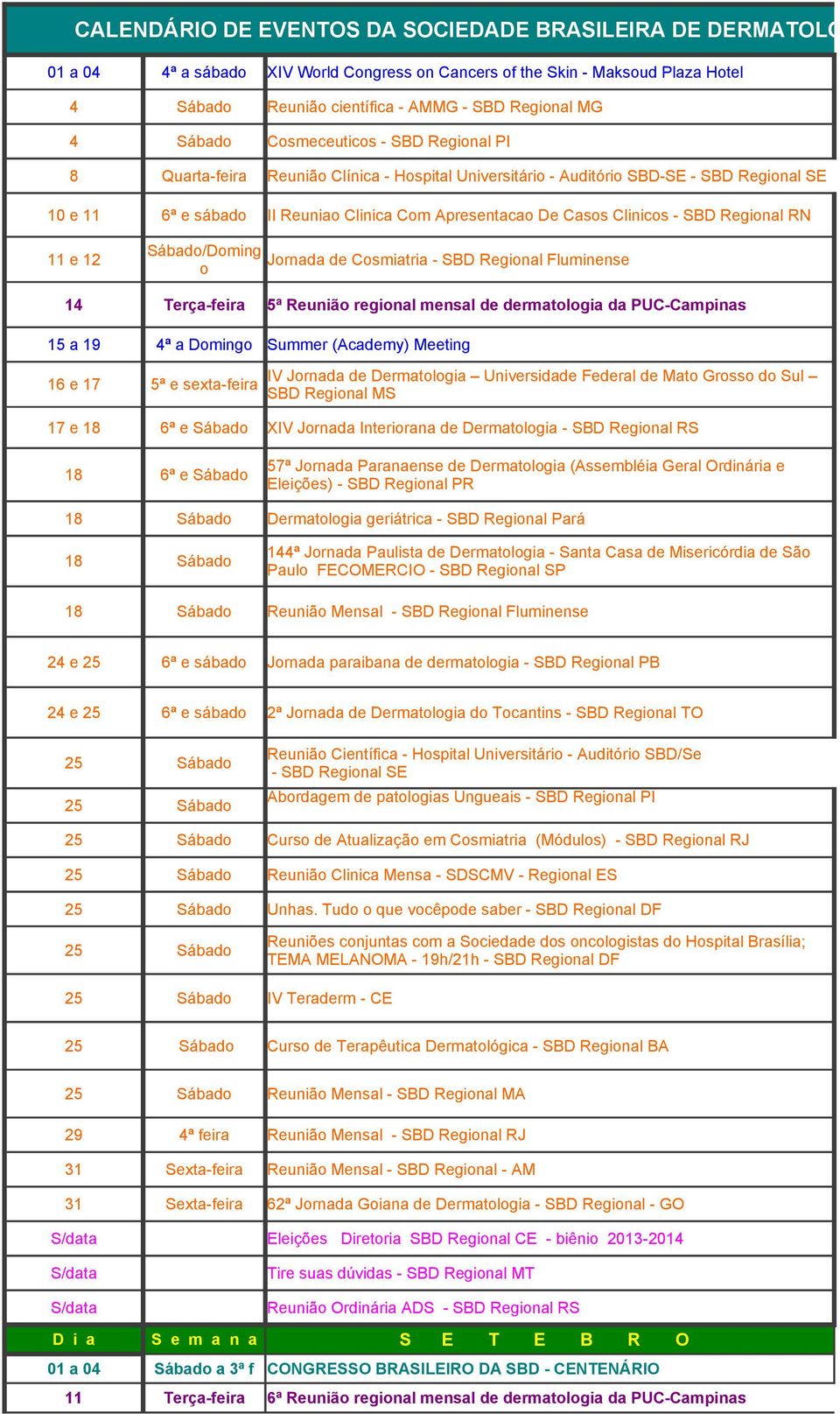 Clinicos - SBD Regional RN Sábado/Doming 11 e 12 Jornada de Cosmiatria - SBD Regional Fluminense o 14 Terça-feira 5ª Reunião regional mensal de dermatologia da PUC-Campinas 15 a 19 4ª a Domingo