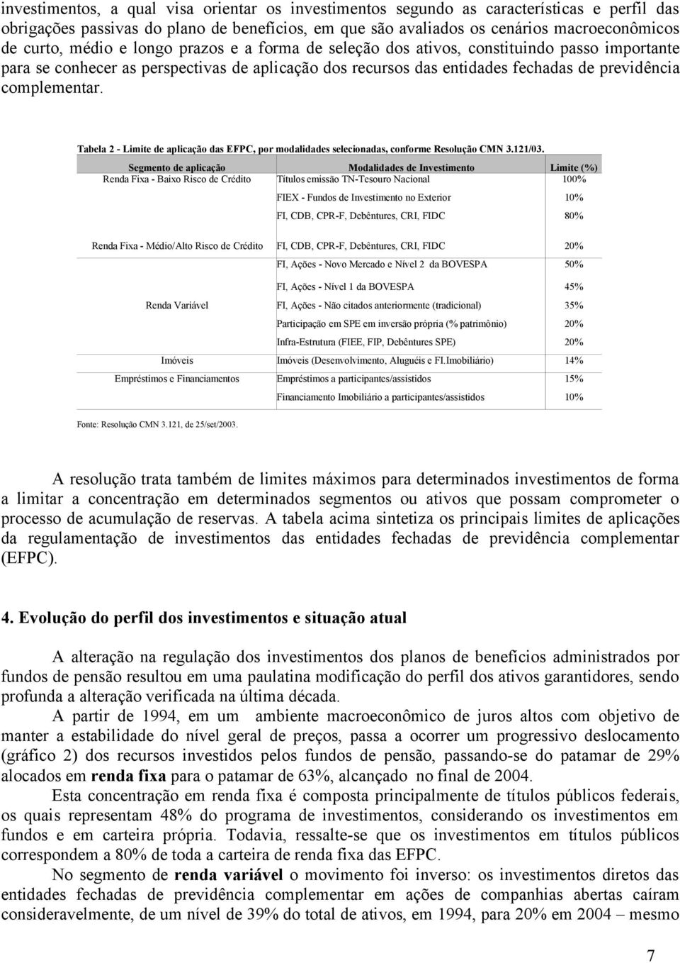 Tabela 2 - Limite de aplicação das EFPC, por modalidades selecionadas, conforme Resolução CMN 3.121/03.