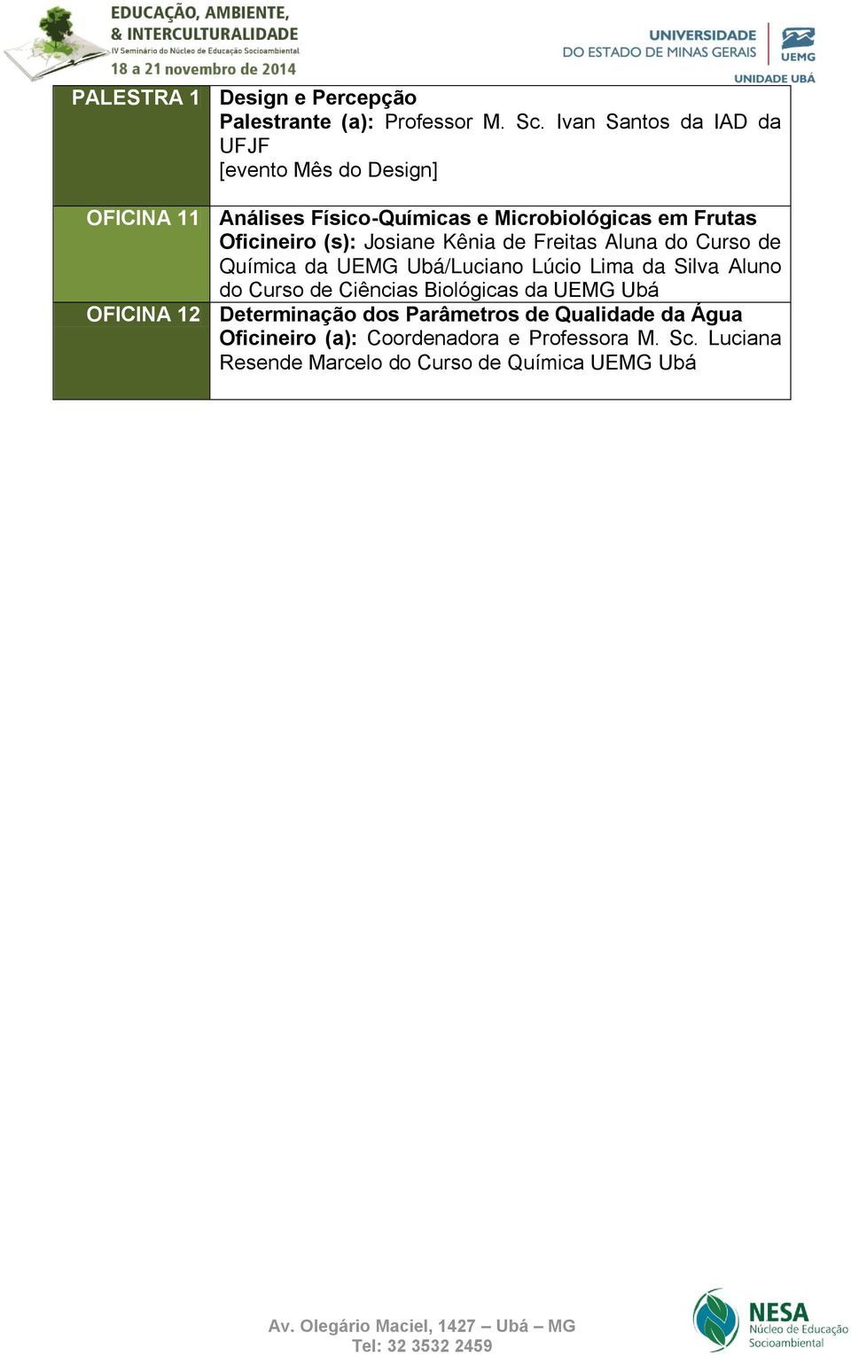 Oficineiro (s): Josiane Kênia de Freitas Aluna do Curso de Química da UEMG Ubá/Luciano Lúcio Lima da Silva Aluno do Curso