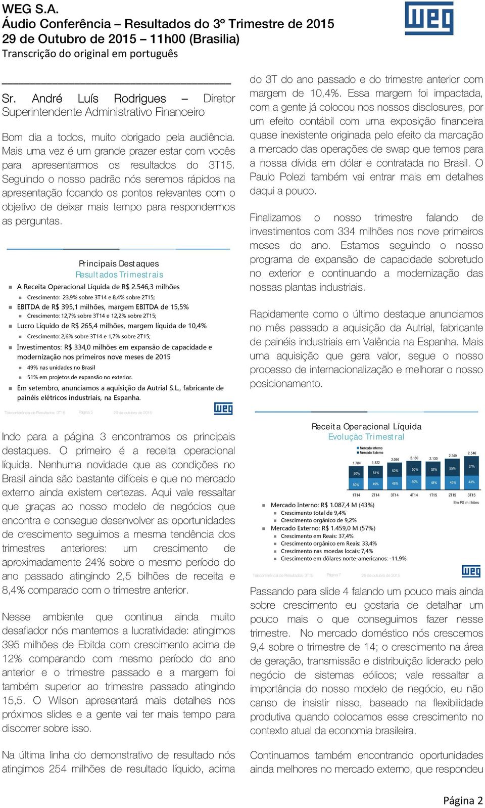 Principais Destaques Resultados Trimestrais A Receita Operacional Líquida de R$ 2.